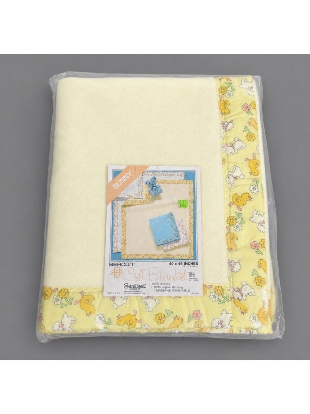 Vintage 70s BEACON Baby Crib Blanket Yellow Acrylic Nylon Binding Duck Bunny NEW